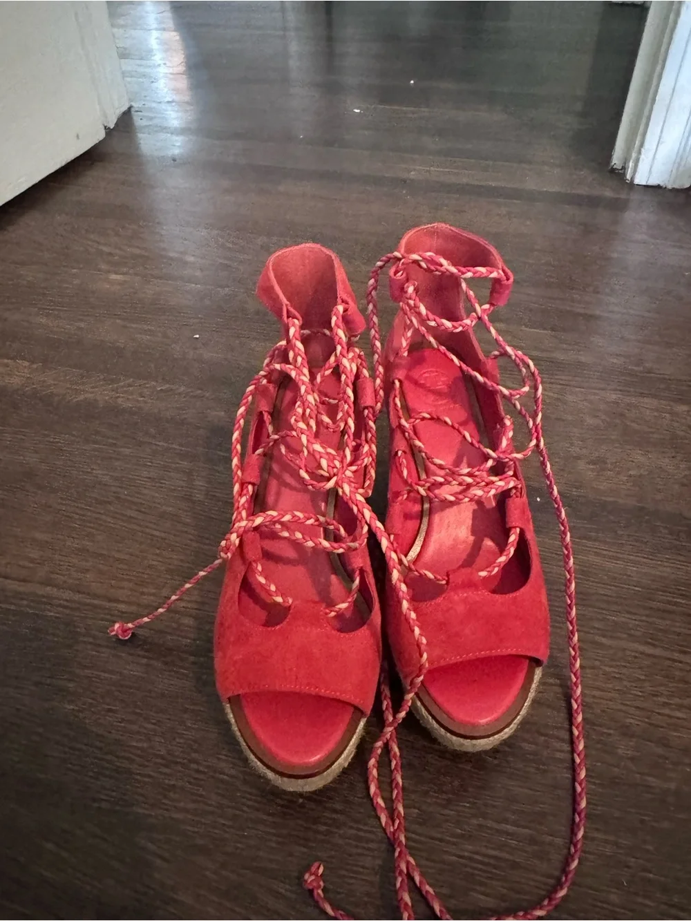 Tory Burch Red Suede Lace-Up Platform Sandals